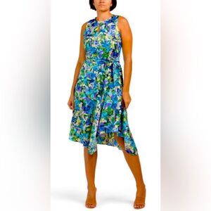 London Times - Satin Jewel Neck Asymmetrical Hanky Dress Sz:12Color:Multicolor